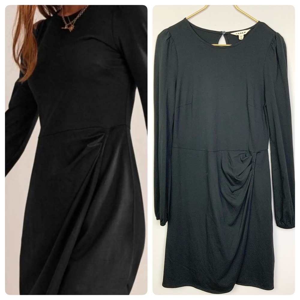 BODEN Sz 6 Black Wrap Effect Draped Long Sleeve Jersey Knee Length Dress Tencel